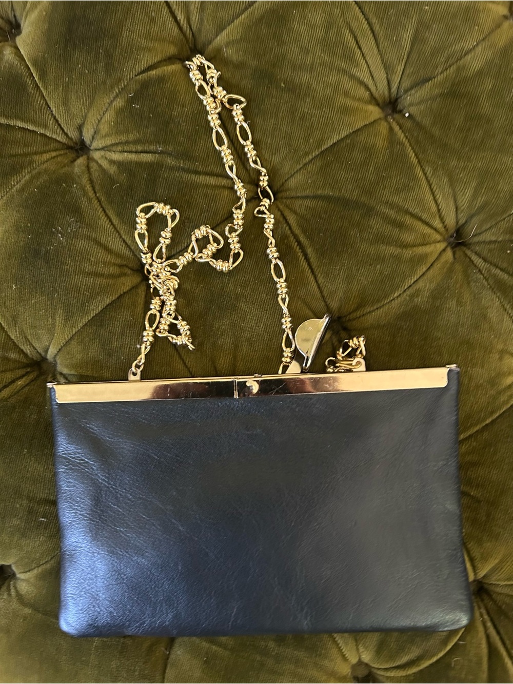 Black Leather Clutch Bag with Gold Chain